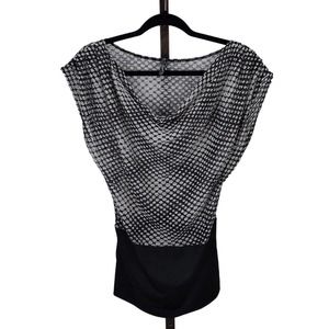 Flamingo Women's Blouse Drape Asymmetric White Black Geometric Dot Sheer Size M